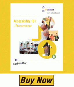 Graphic of accessibility 101 procurement ebook with collage of workers who are disabled