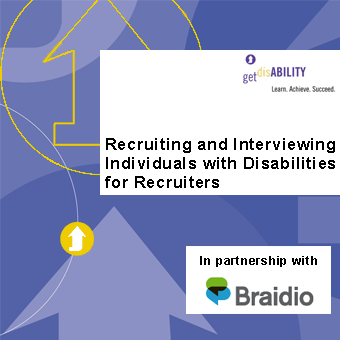 E Learning Graphic with blue arrows in background and text: Recruiting and interviewing individuals with disabilities for recruiters